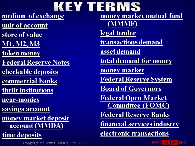 KEY TERMS END BACK medium of exchange unit of account store of value M1,